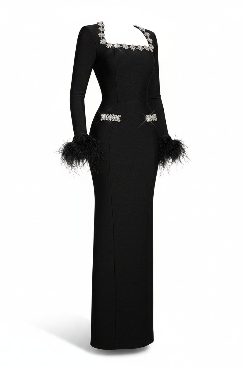maxi dress tight Vestido Diamond Feather Long Long sleeves Banquet Gow – Bandage city NO EXTRA FEE FOR pre-fall 2026 color:Plum White Lace Nightgown Set