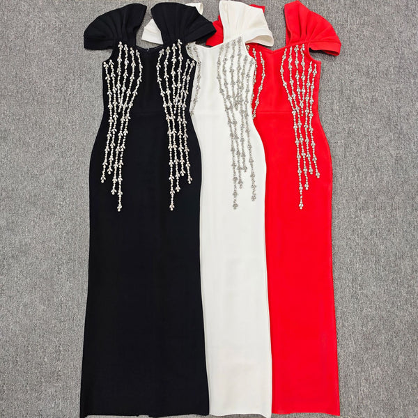 Quality Shinning Crystal Women Sexy Short Sleeve V-Neck Bodycon Bandage Long Dress