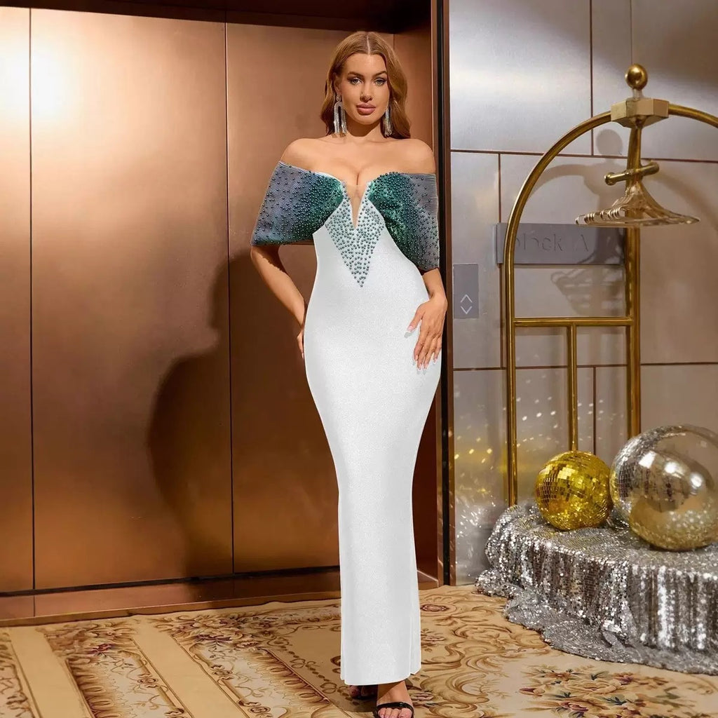 Elegant Off Shoulder Beading Bandage Dress Sexy Backless Luxury