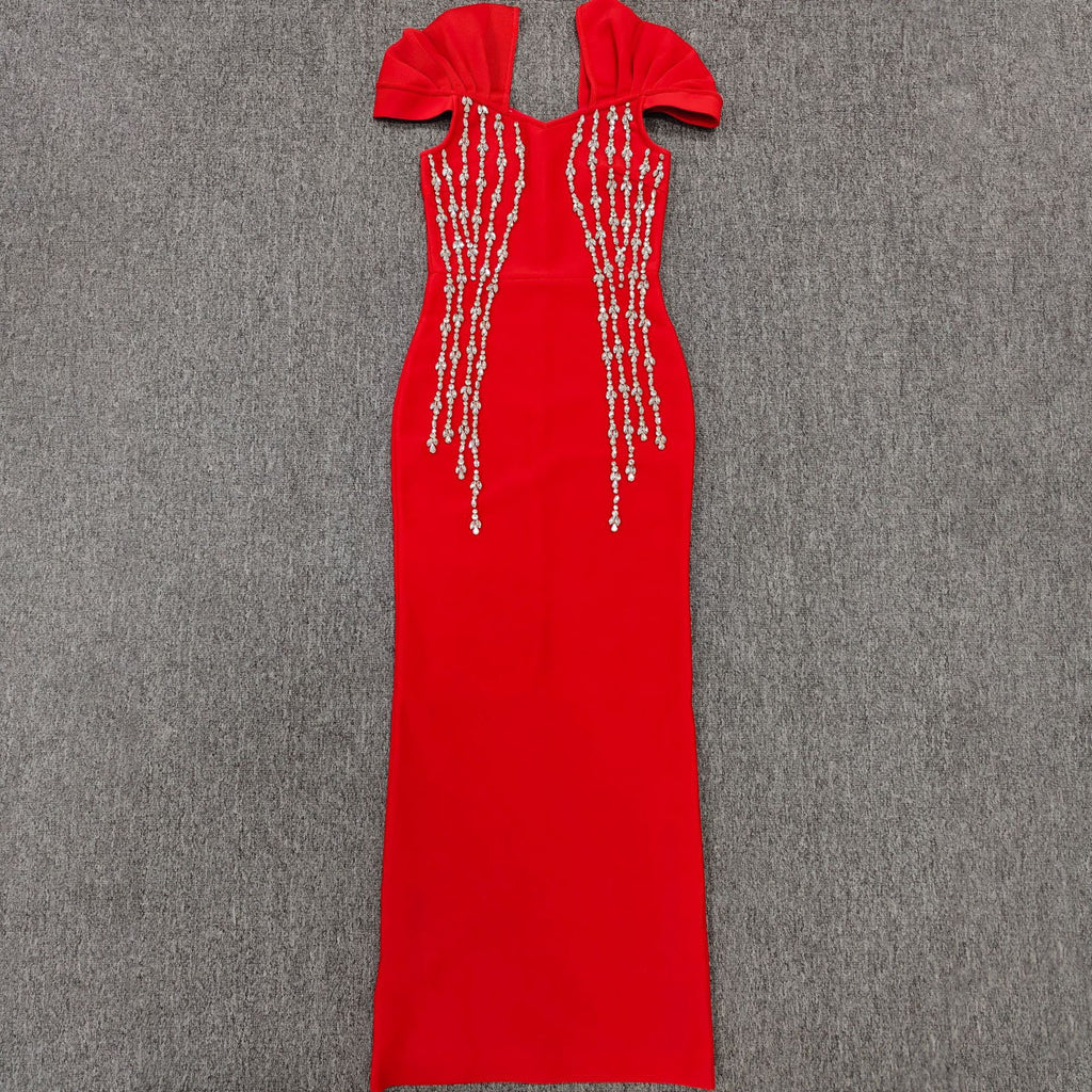 Quality Shinning Crystal Women Sexy Short Sleeve V-Neck Bodycon Bandage Long Dress