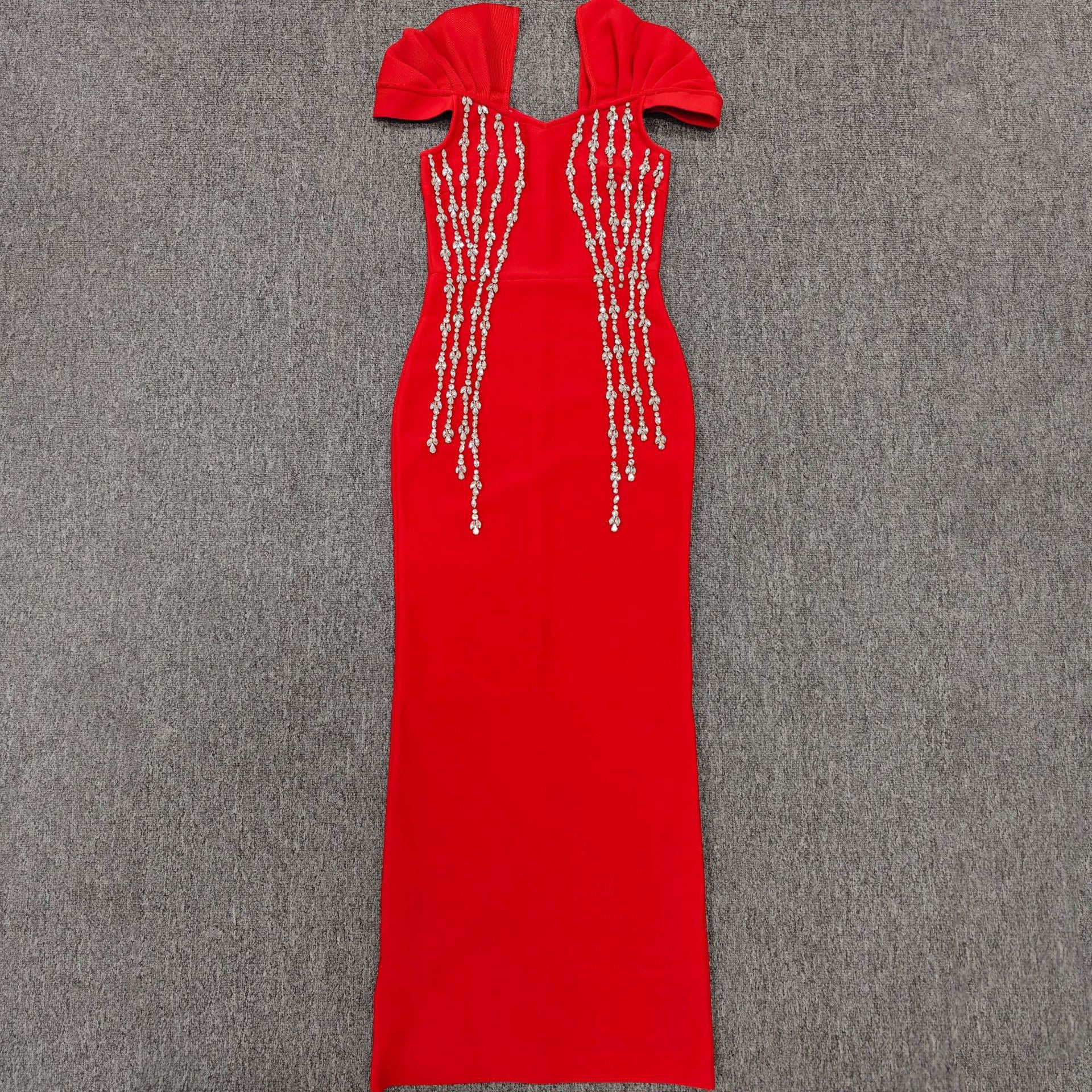 Quality Shinning Crystal Women Sexy Short Sleeve V-Neck Bodycon Bandage Long Dress