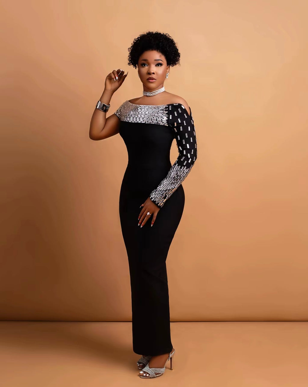 One Shoulder Rhinestones Black Bandage Long Dress Elegant Birthday Celebrate Prom Gown