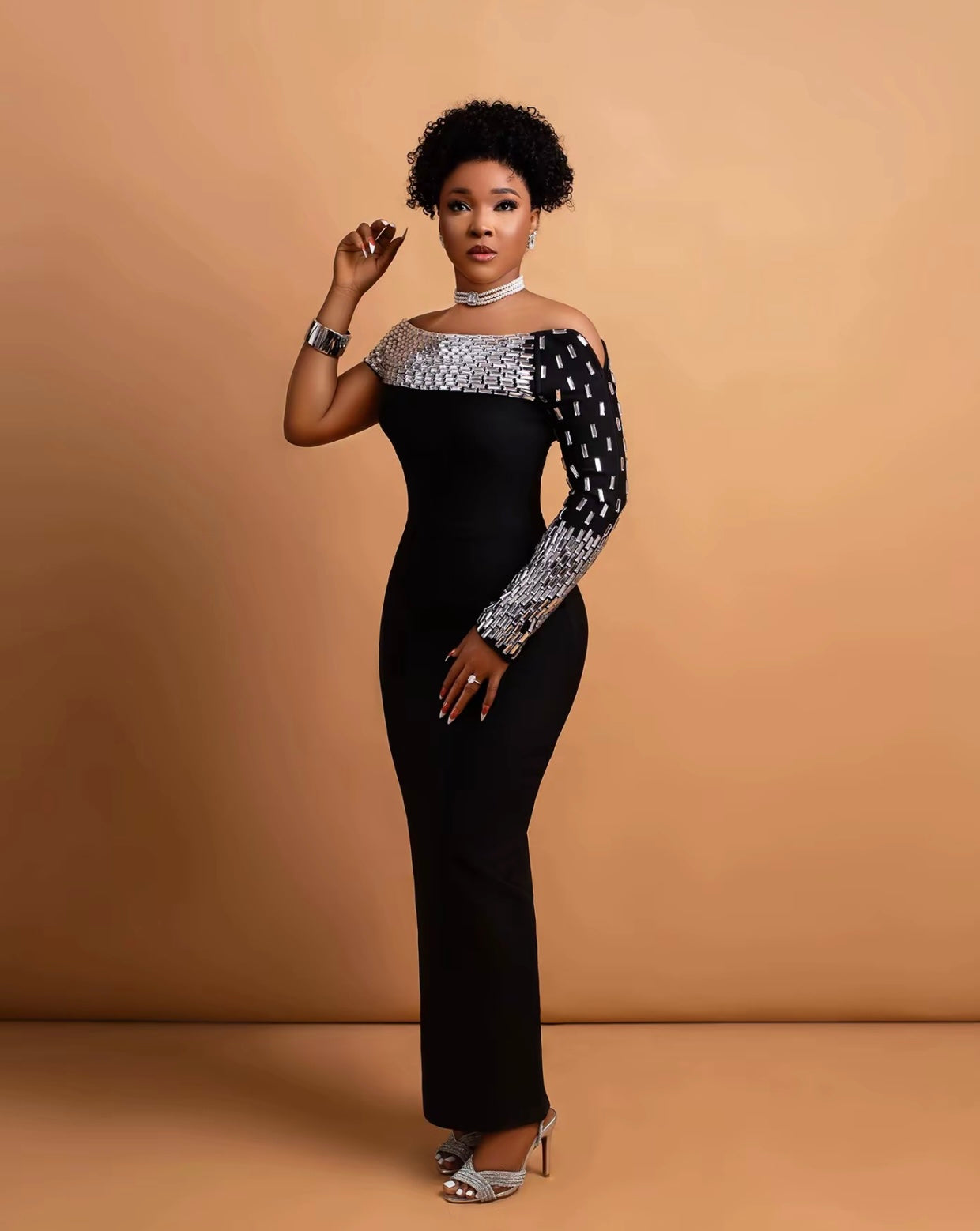 One Shoulder Rhinestones Black Bandage Long Dress Elegant Birthday Celebrate Prom Gown