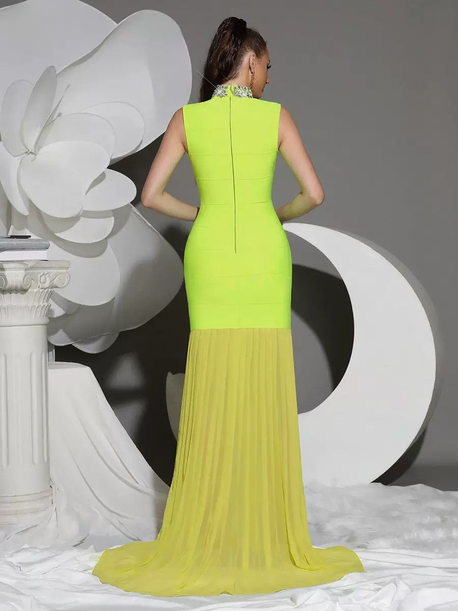 High Neck Diamond Sleeveless Slim Fit Elegant Mesh Splicing Long Bandage Gown
