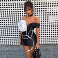 Fashionable Off-The-Shoulder V-Neck Big White Flower Embroidered Bodycon Dress