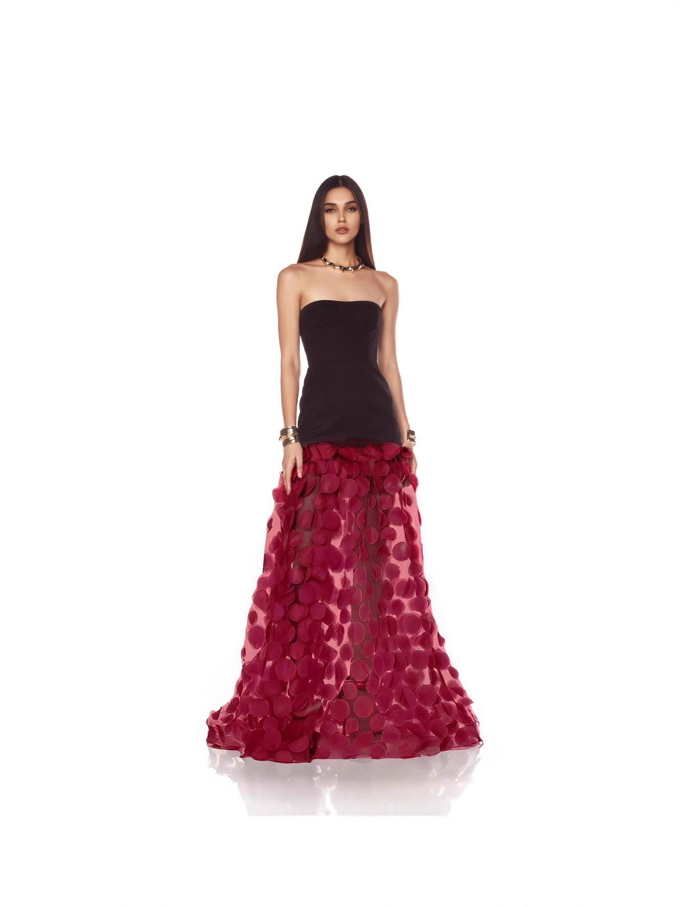 Strapless Dot Mesh Patchwork Long Dress