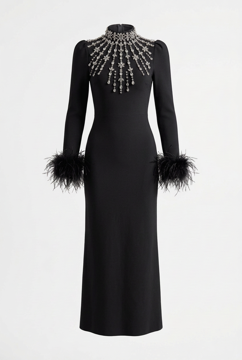 Rhinestones Hight Neck Long Sleeve Formal Praty Dress Bodycon