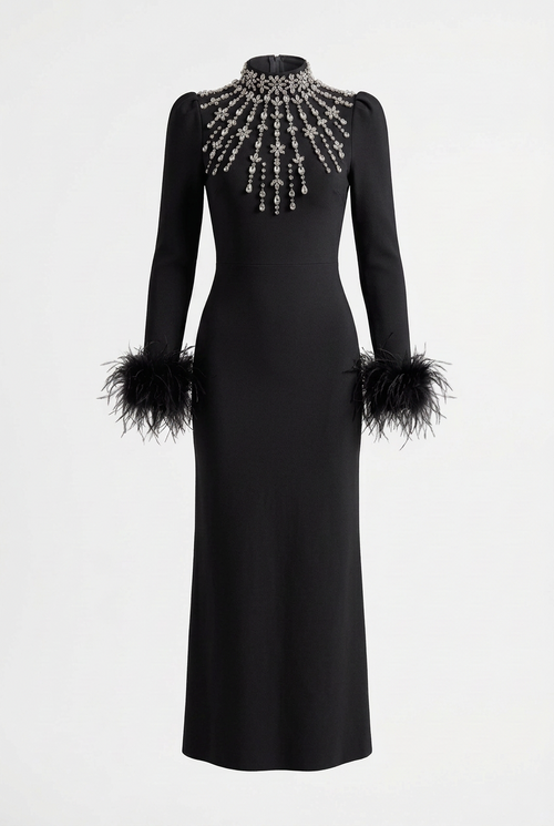 Rhinestones Hight Neck Long Sleeve Formal Praty Dress Bodycon