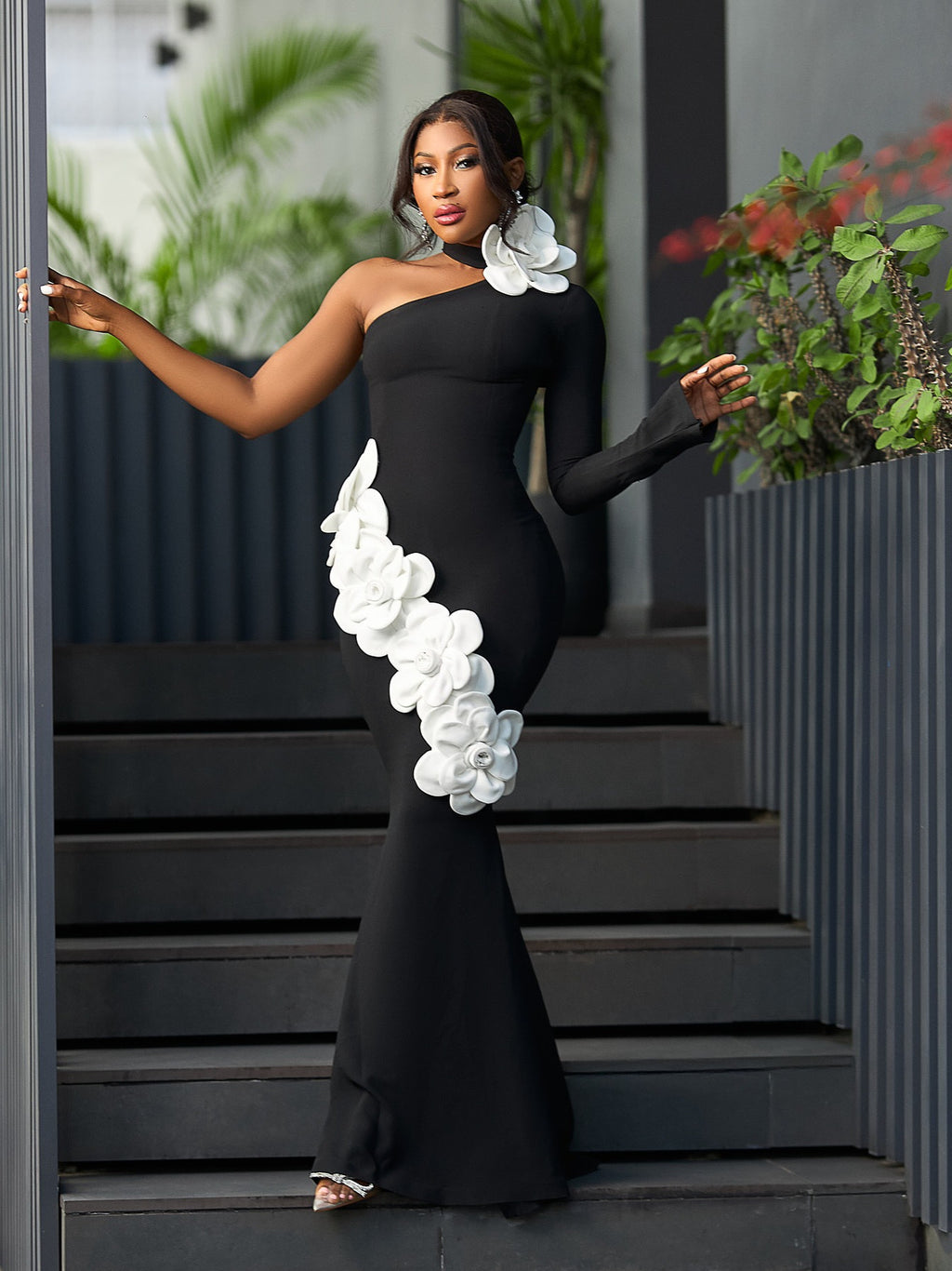 One Shoulder Hole Flower Maxi Long Bodycon Bandage Dress Knitted Elegant Party Outfit