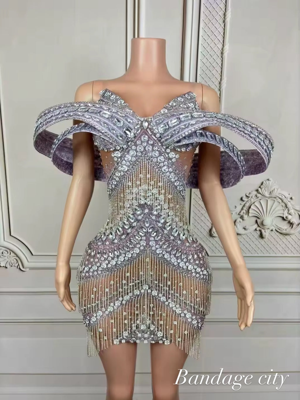 Sexy Glitter Rhinestone Off Shoulder Chain Dress Party
