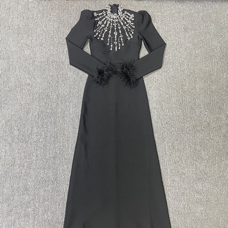 Rhinestones Hight Neck Long Sleeve Formal Praty Dress Bodycon