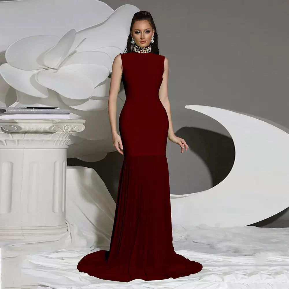 High Neck Diamond Sleeveless Slim Fit Elegant Mesh Splicing Long Bandage Gown