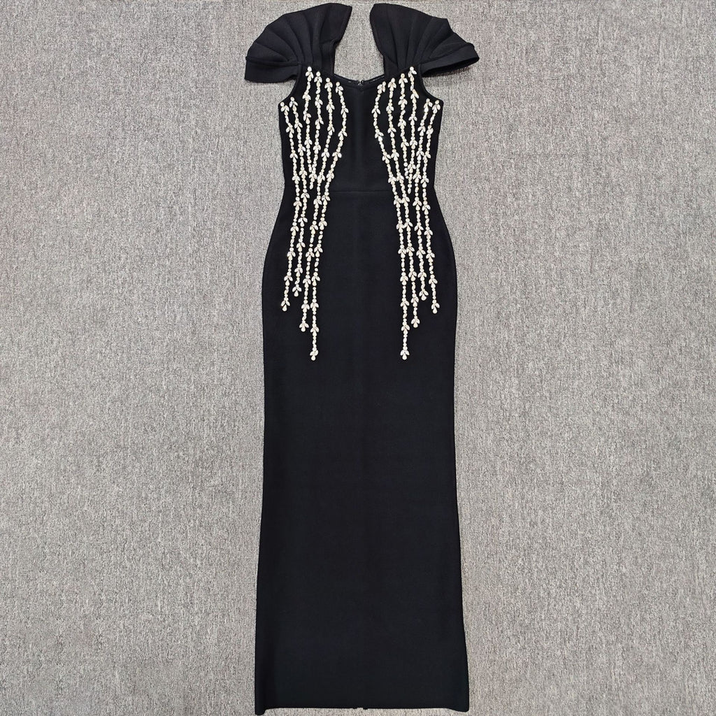 Quality Shinning Crystal Women Sexy Short Sleeve V-Neck Bodycon Bandage Long Dress