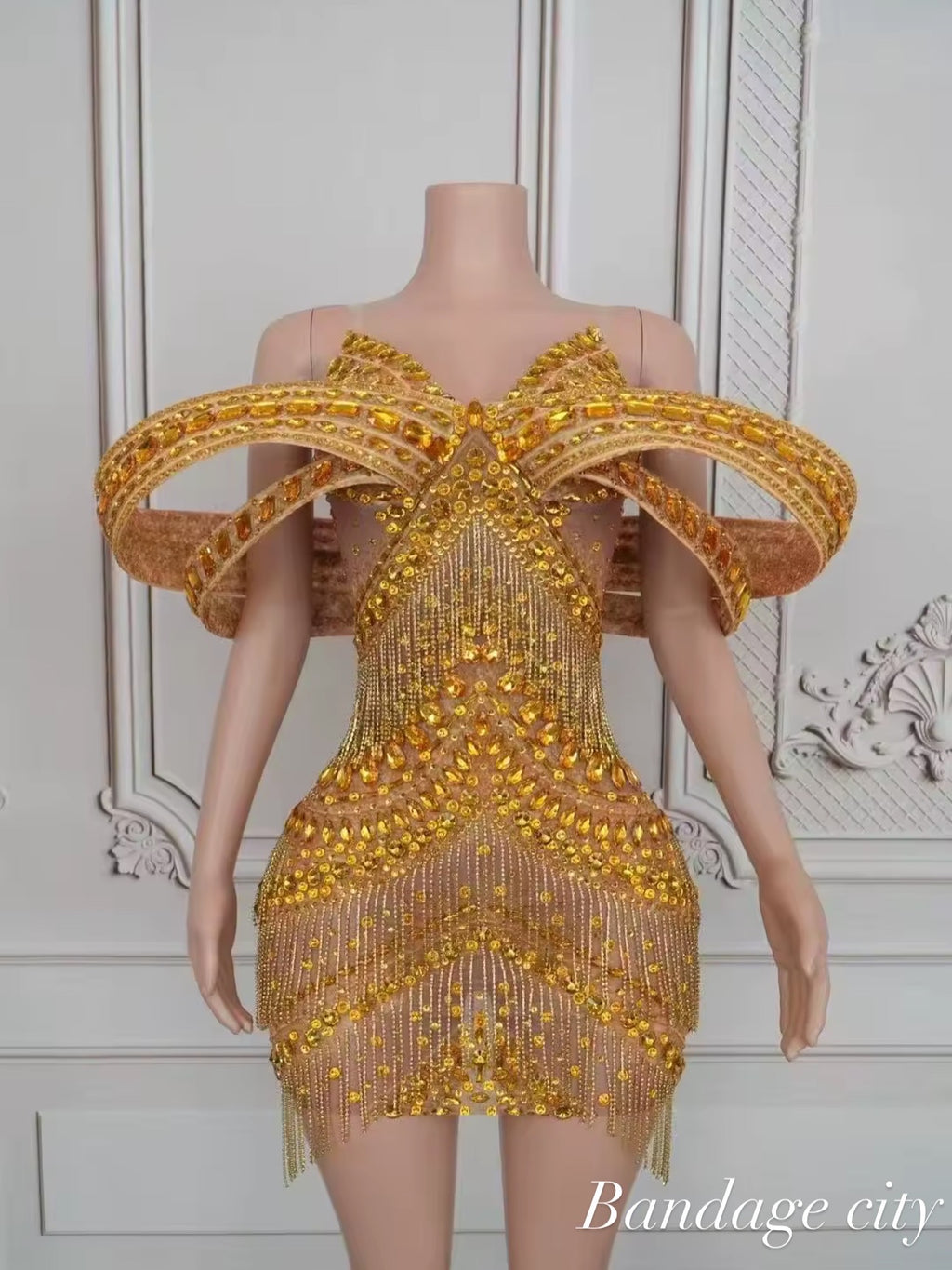 Sexy Glitter Rhinestone Off Shoulder Chain Dress Party