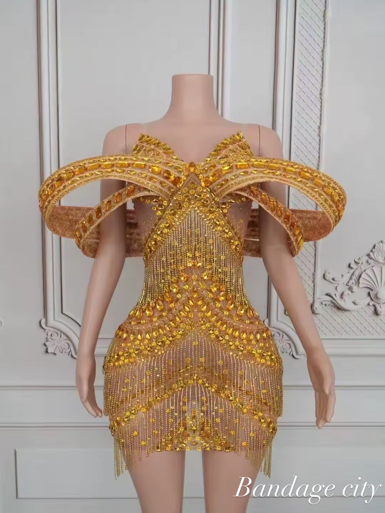 Sexy Glitter Rhinestone Off Shoulder Chain Dress Party