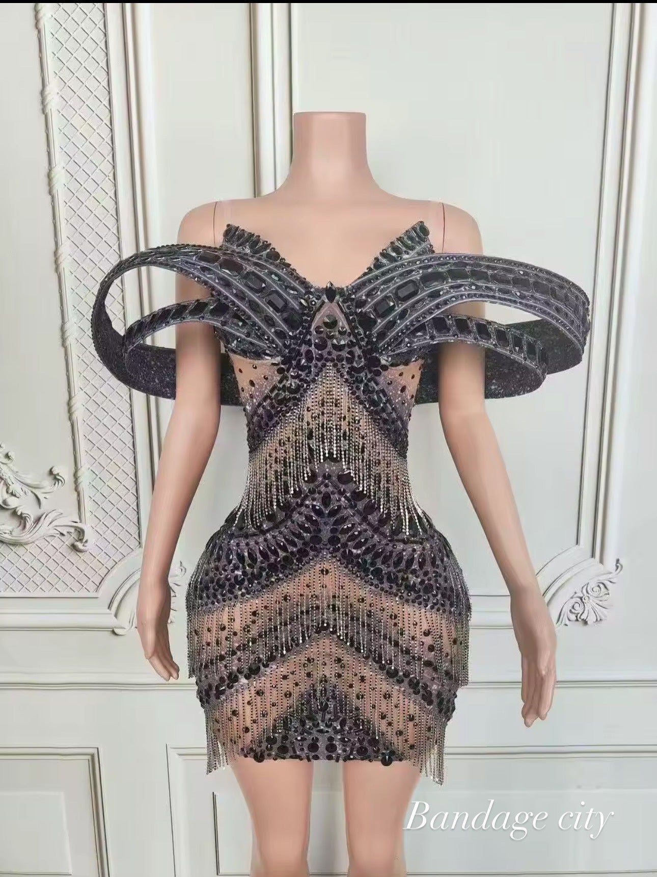 Sexy Glitter Rhinestone Off Shoulder Chain Dress Party