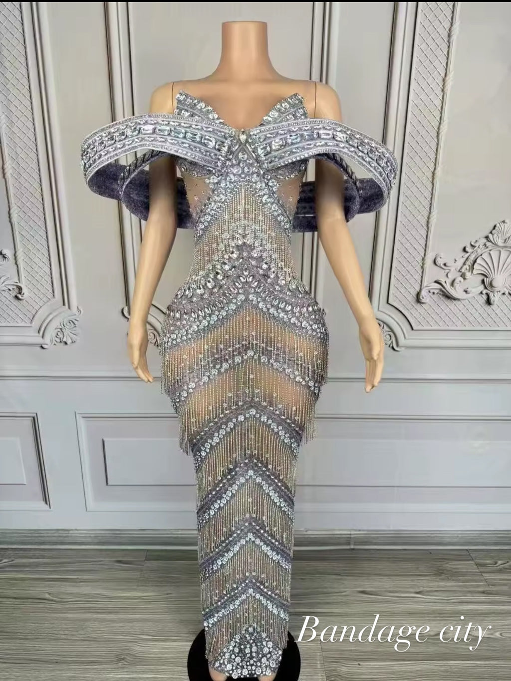 Sexy Glitter Rhinestone Off Shoulder Chain Dress Party