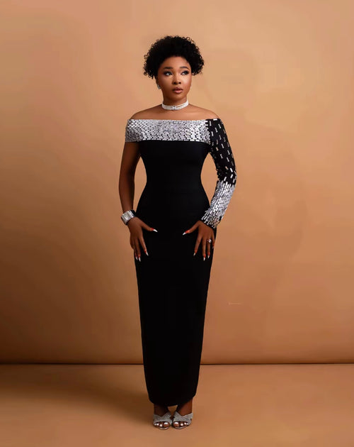 One Shoulder Rhinestones Black Bandage Long Dress Elegant Birthday Celebrate Prom Gown