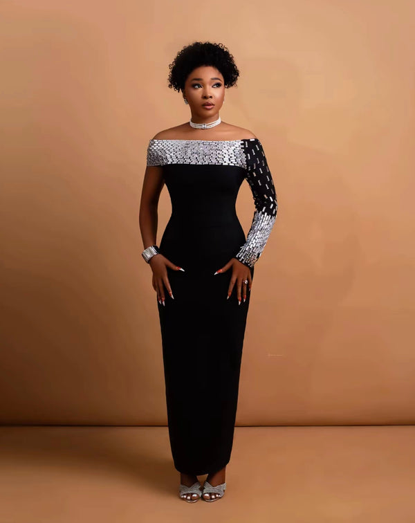 One Shoulder Rhinestones Black Bandage Long Dress Elegant Birthday Celebrate Prom Gown