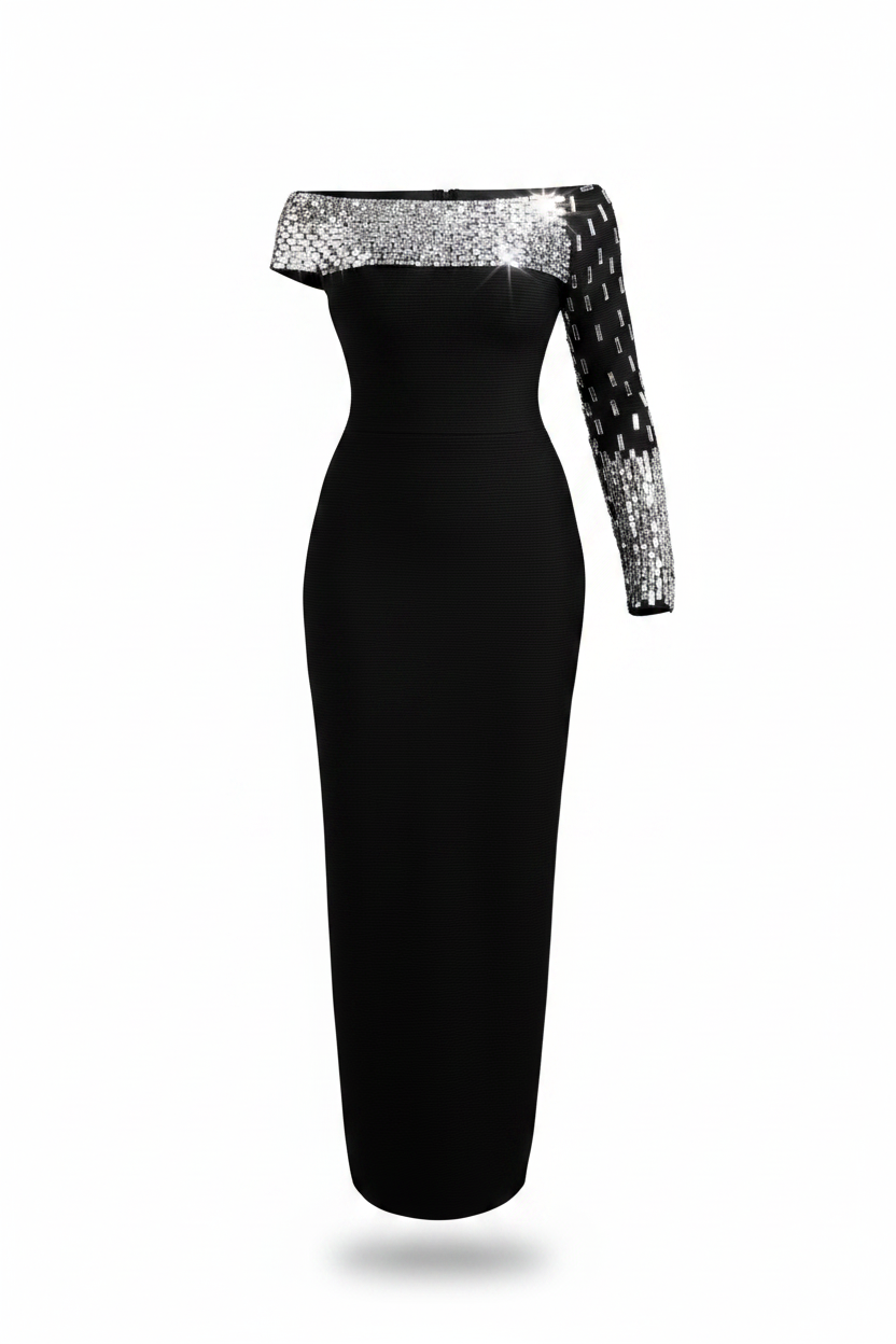 One Shoulder Rhinestones Black Elegant  Prom Gown