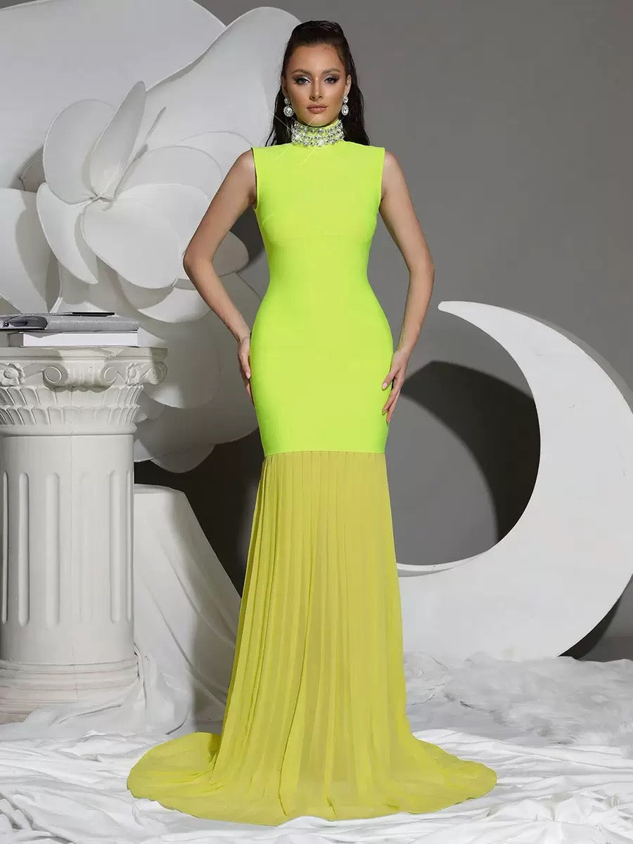 High Neck Diamond Sleeveless Slim Fit Elegant Mesh Splicing Long Bandage Gown