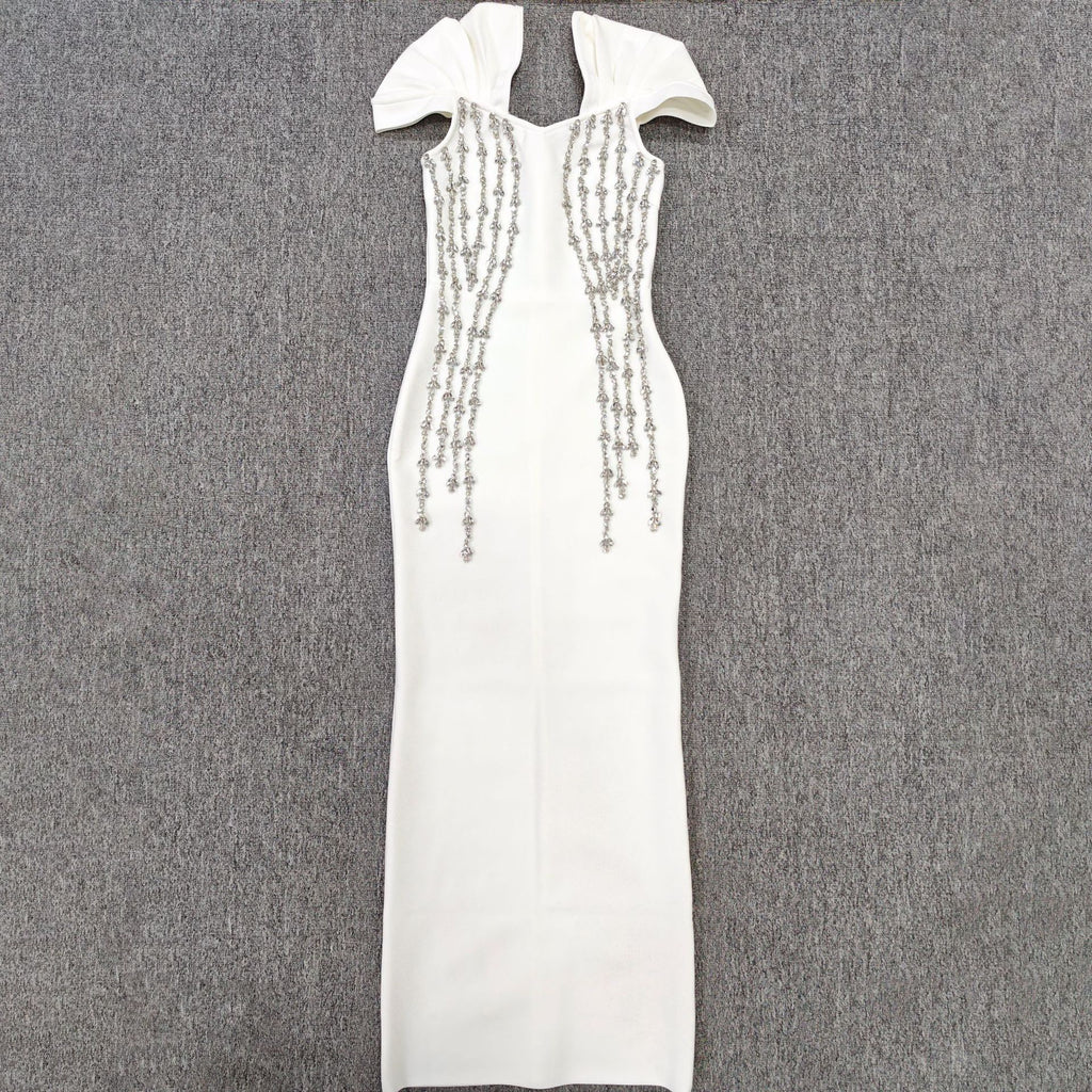 Quality Shinning Crystal Women Sexy Short Sleeve V-Neck Bodycon Bandage Long Dress