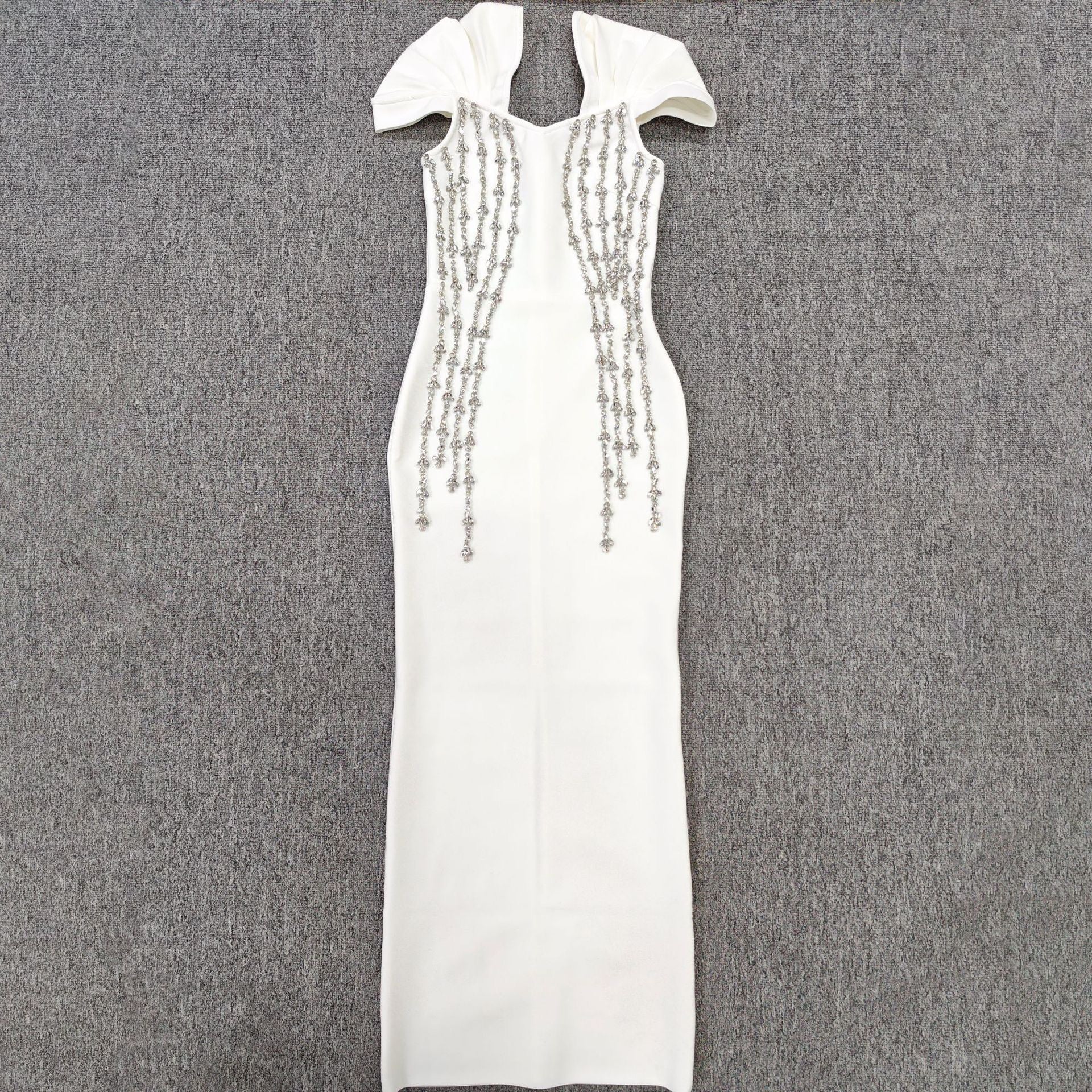 Quality Shinning Crystal Women Sexy Short Sleeve V-Neck Bodycon Bandage Long Dress