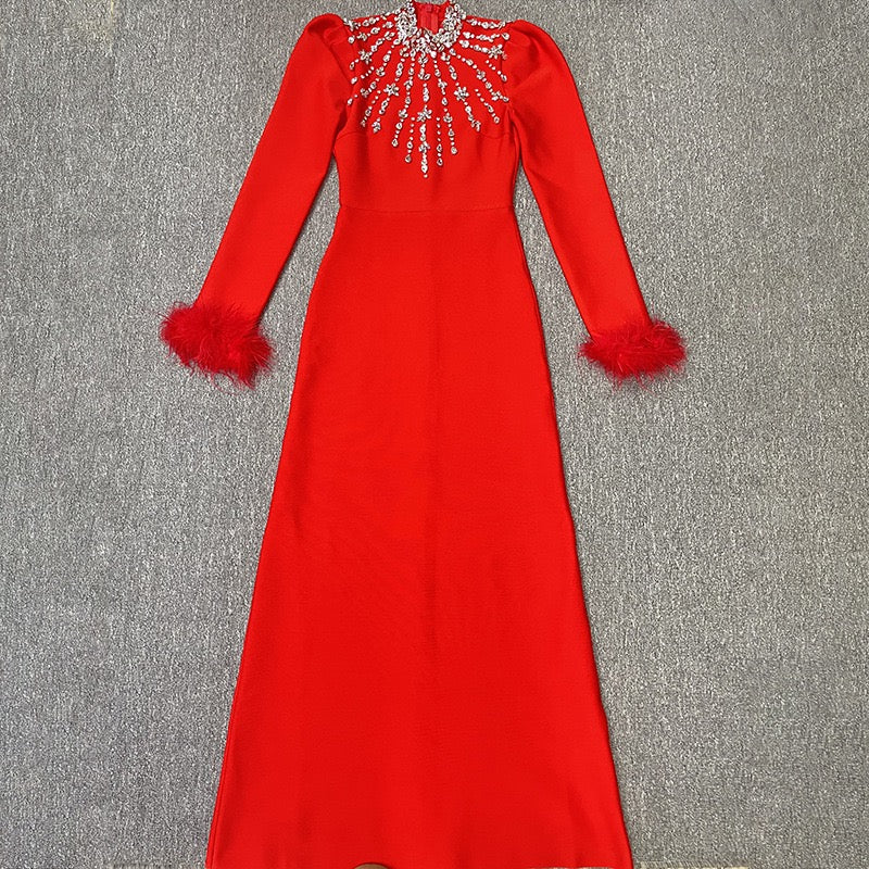 Rhinestones Hight Neck Long Sleeve Formal Praty Dress Bodycon