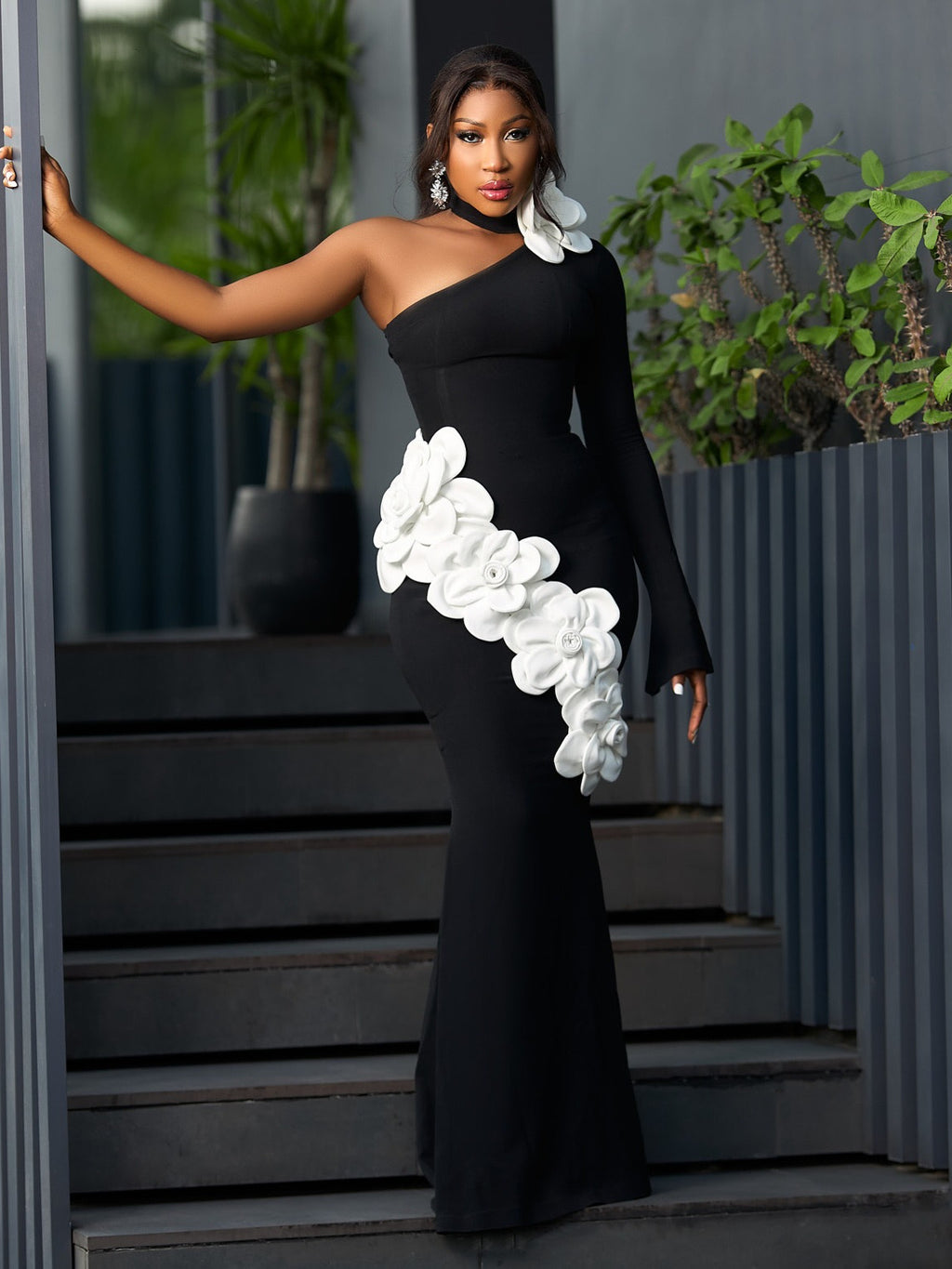 One Shoulder Hole Flower Maxi Long Bodycon Bandage Dress Knitted Elegant Party Outfit