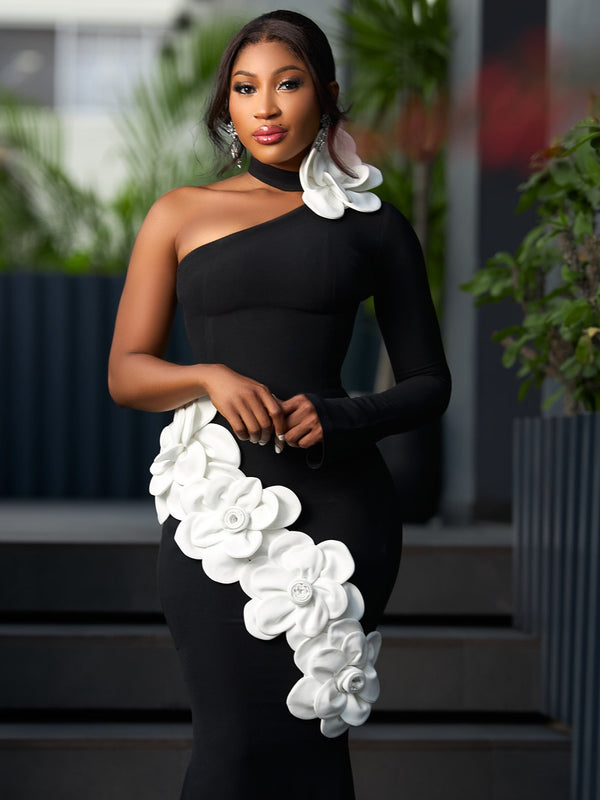 One Shoulder Hole Flower Maxi Long Bodycon Bandage Dress Knitted Elegant Party Outfit