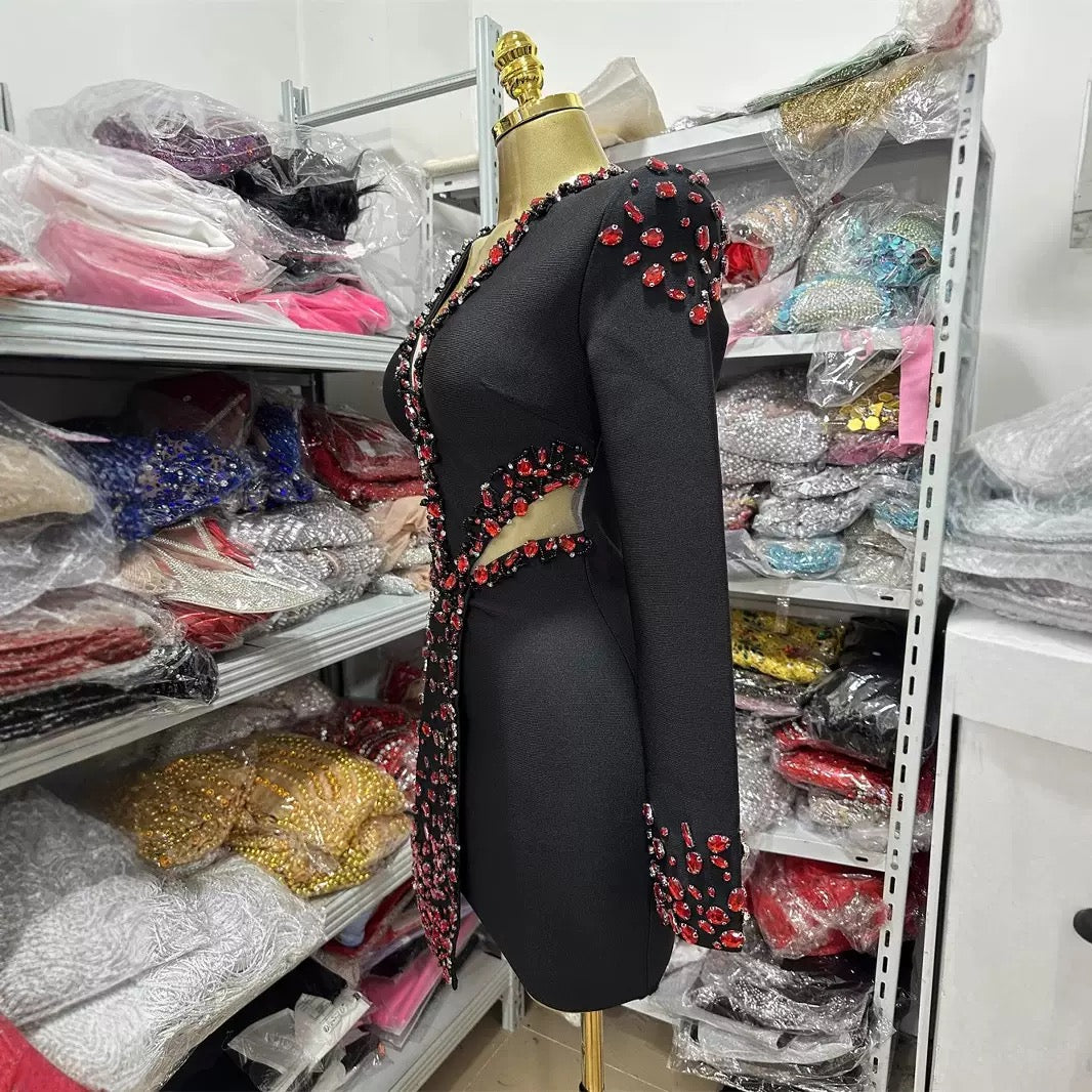 Deep V long sleeve hollow Rhinestone  banquet