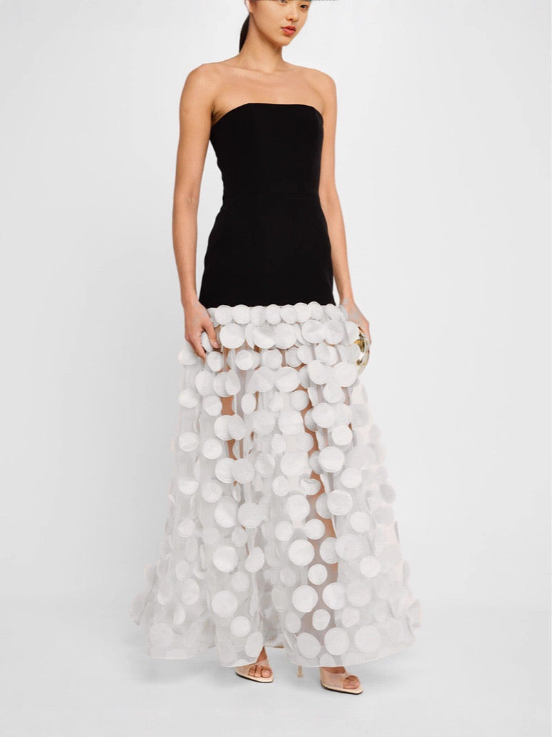 Strapless Dot Mesh Patchwork Long Dress