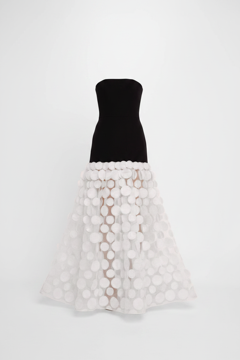 Strapless Dot Mesh Patchwork Long Dress