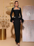 Vestido Diamond Feather Tight Long Maxi Dress Long sleeves Banquet Gown