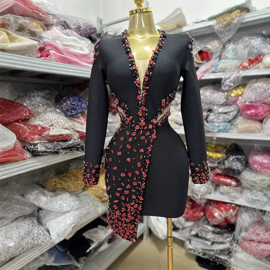 Deep V long sleeve hollow Rhinestone  banquet