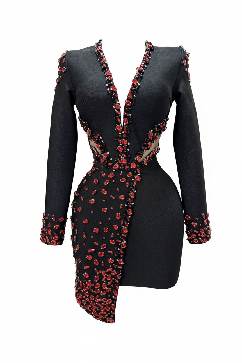 Deep V long sleeve hollow Rhinestone  banquet