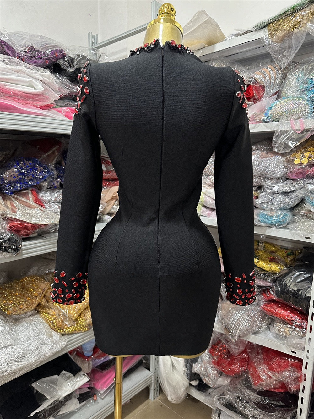 Deep V long sleeve hollow Rhinestone  banquet