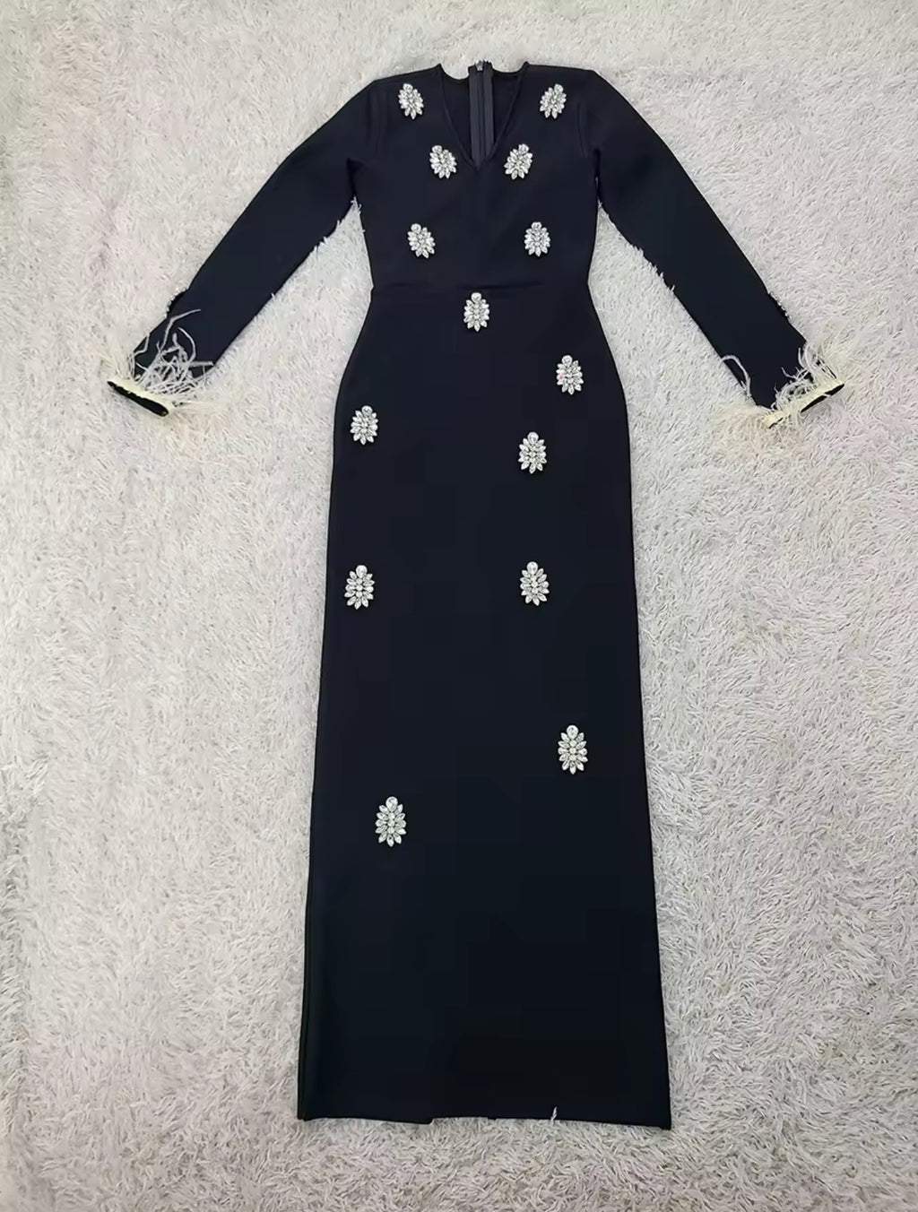 Knitted V-neck Beading Long Dress