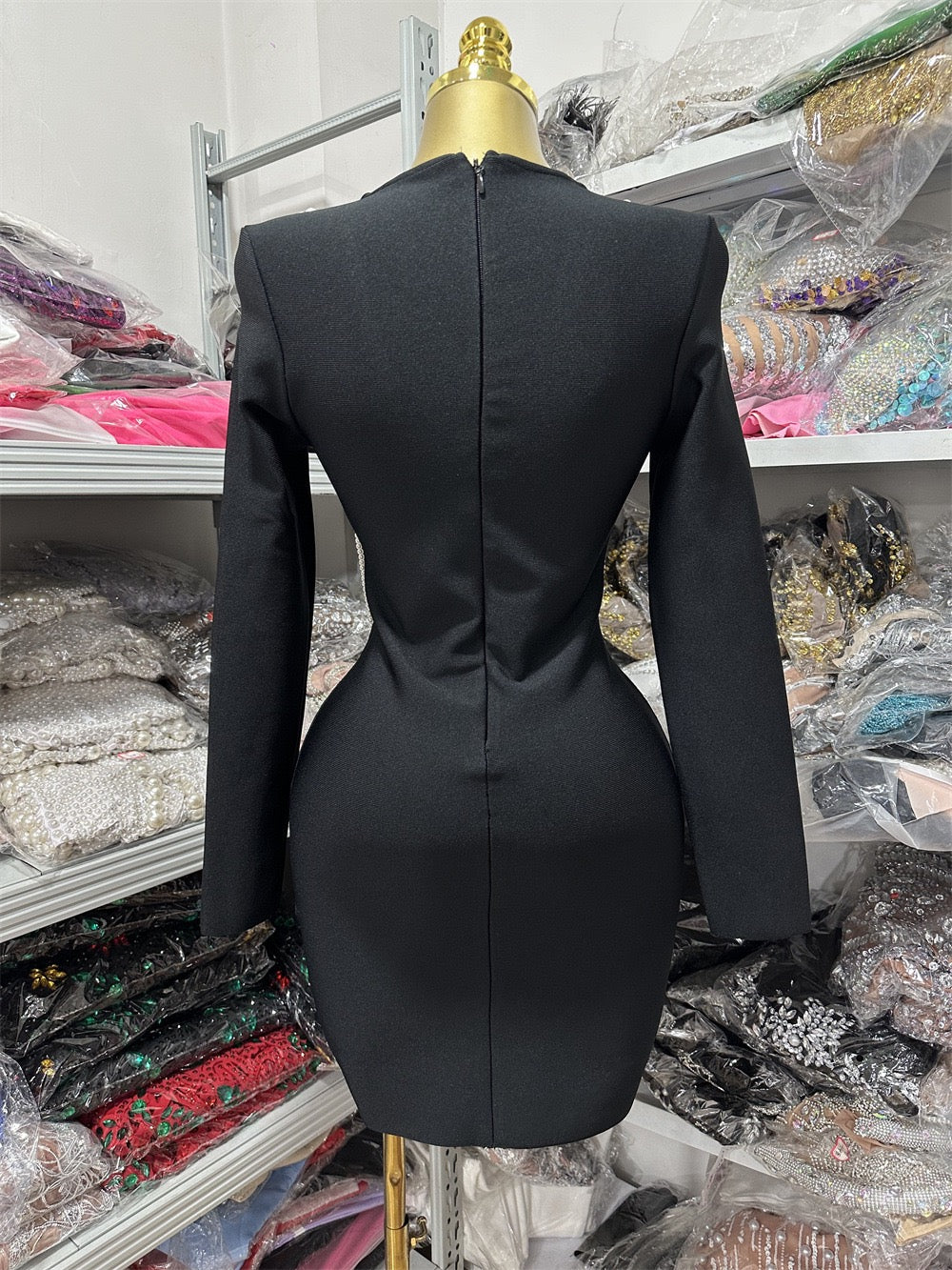 Deep V-neck Beaded Chain Mini  Length Bandage Dress for Party
