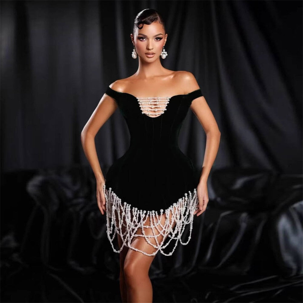 Off-Shoulder Pearl Tassel Bandage Dress Slash Neck Beaded Mini Bodycon Dress Party Gown