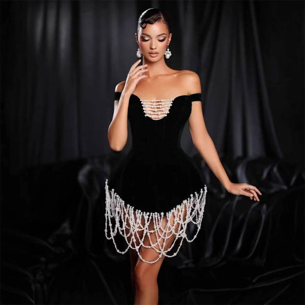 Off-Shoulder Pearl Tassel Bandage Dress Slash Neck Beaded Mini Bodycon Dress Party Gown