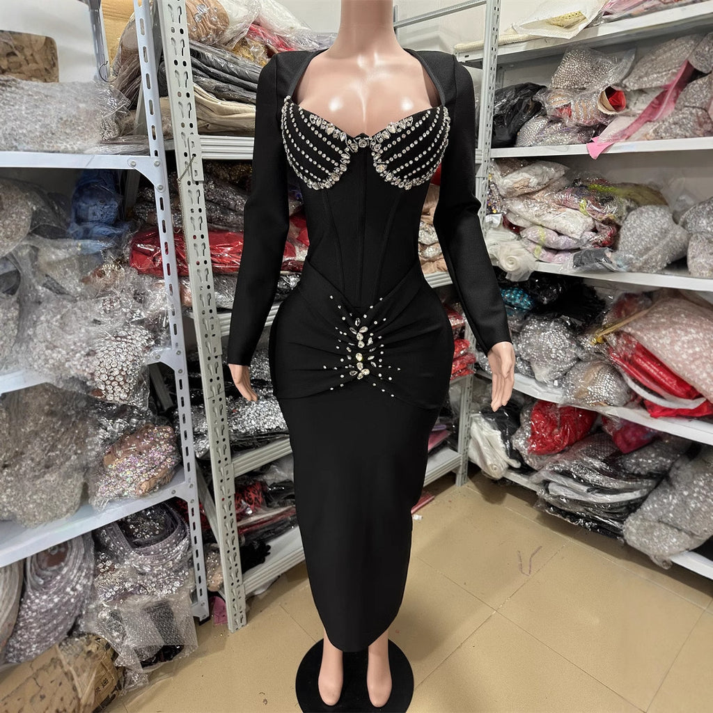 Sexy V neck diamond long sleeve bandage dress elegant party dress