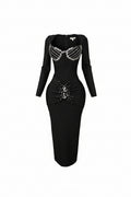Sexy V neck diamond long sleeve bandage dress elegant party dress