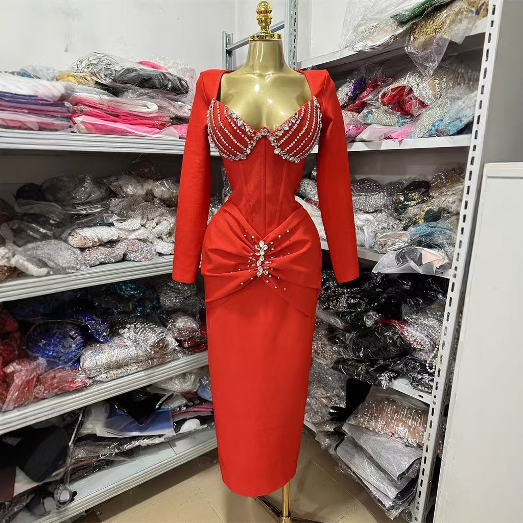 Sexy V neck diamond long sleeve bandage dress elegant party dress