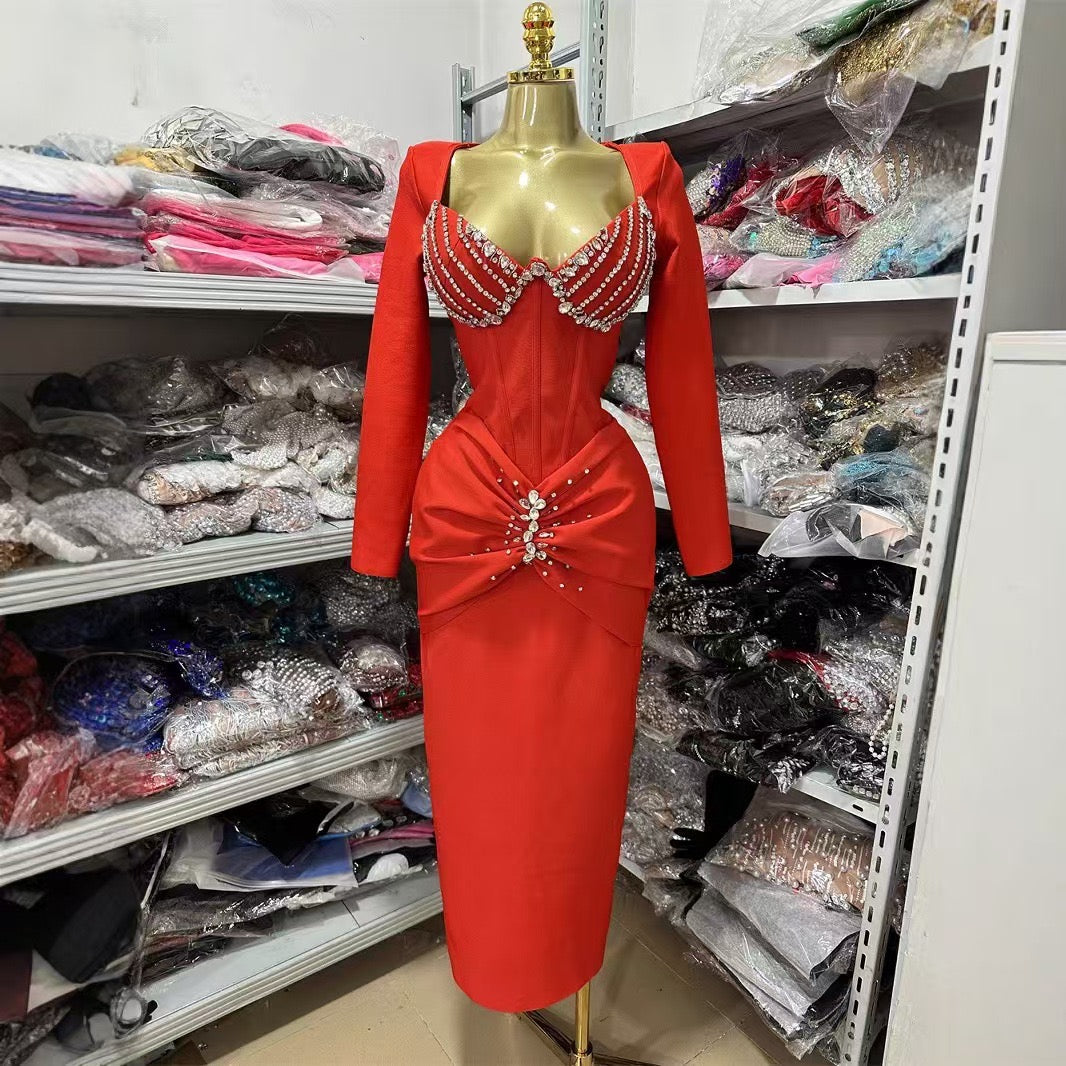 Sexy V neck diamond long sleeve bandage dress elegant party dress