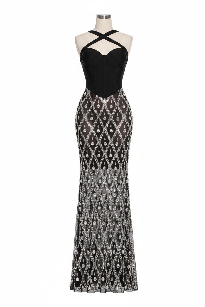 Sexy Glitter Rhinestone Off Shoulder Chain Dress Party