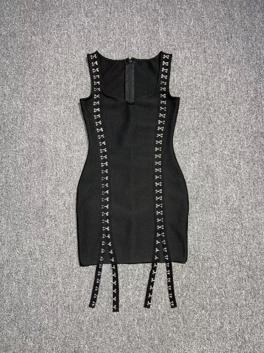 V Neck Sexy Mini Dress Bodycon Low Cut Metal Buckle Strapless Sleeveless Gown