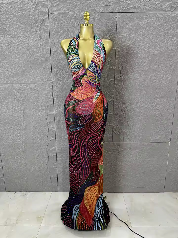 The Zaria Kaleidoscope Rainbow Rhinestone Gown