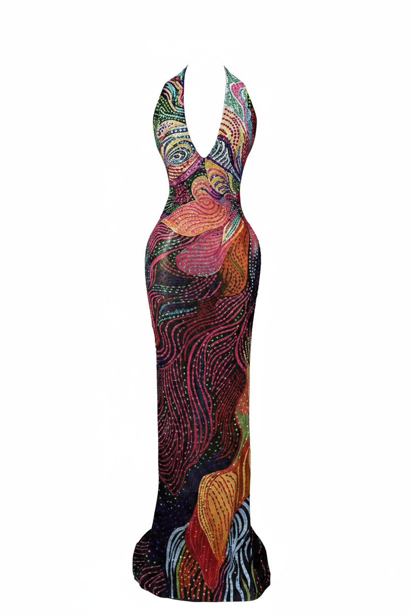 The Zaria Kaleidoscope Rainbow Rhinestone Gown