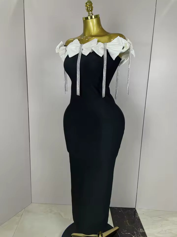 Sexy Off Shoulder Flower Diamonds Black Bow Tie Maxi